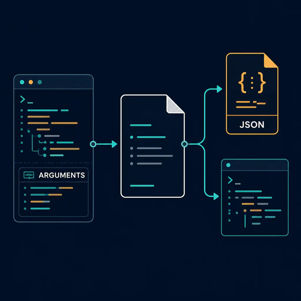 Editorial diagram showing OpenCode command arguments flowing from a terminal into a Markdown template, JSON file, and shell output