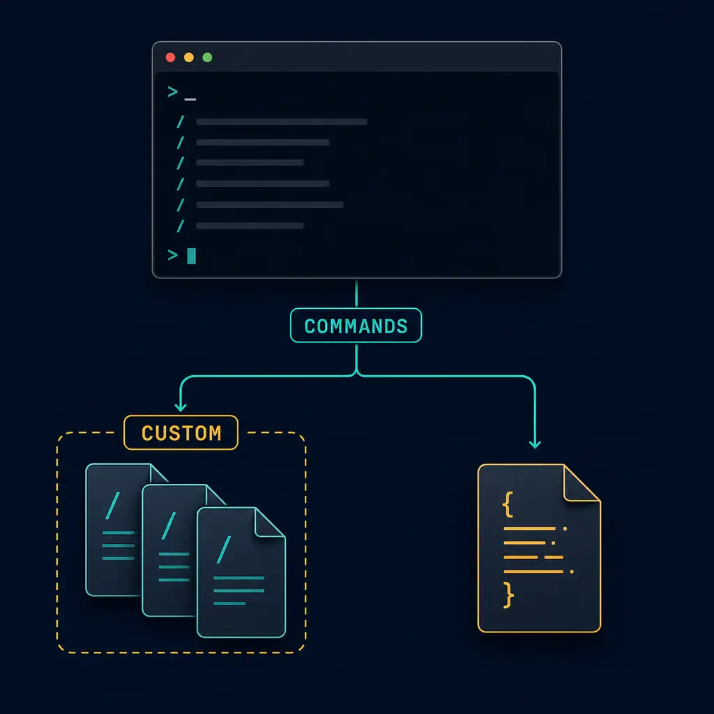 Editorial diagram showing an OpenCode terminal branching into built-in commands, custom Markdown files, and JSON configuration
