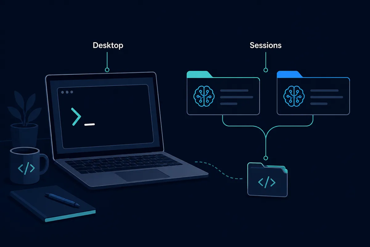 Editorial illustration of OpenCode Desktop organizing active coding sessions and a project folder