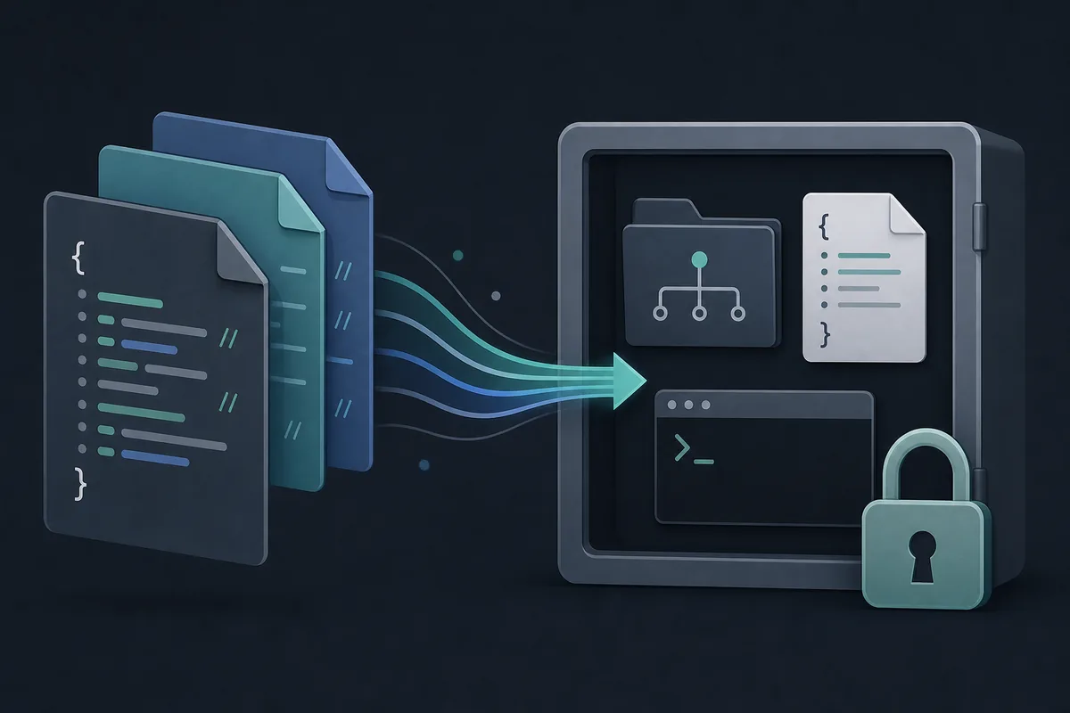 Layered OpenCode JSONC files flowing into a locked project workspace