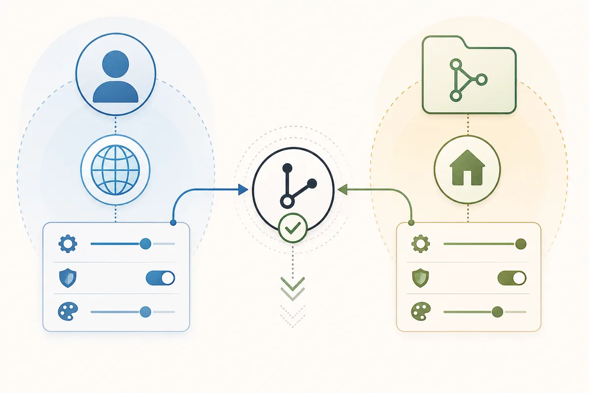 Global and project OpenCode configuration scopes merging through a review checkpoint