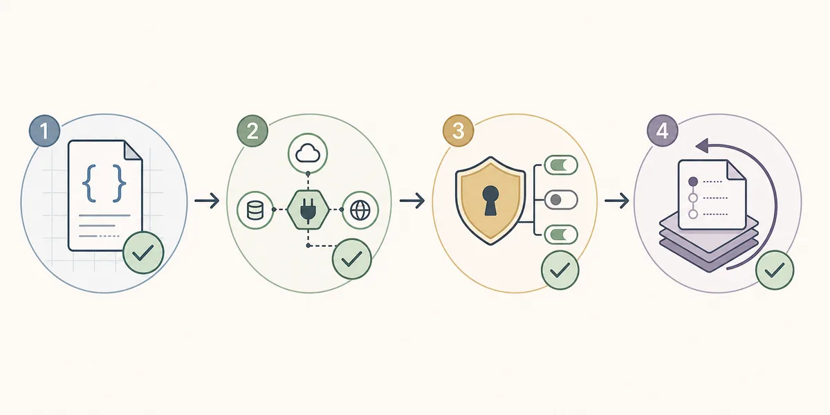 Four-step OpenCode configuration validation flow for schema, provider, permission, and rollback checks