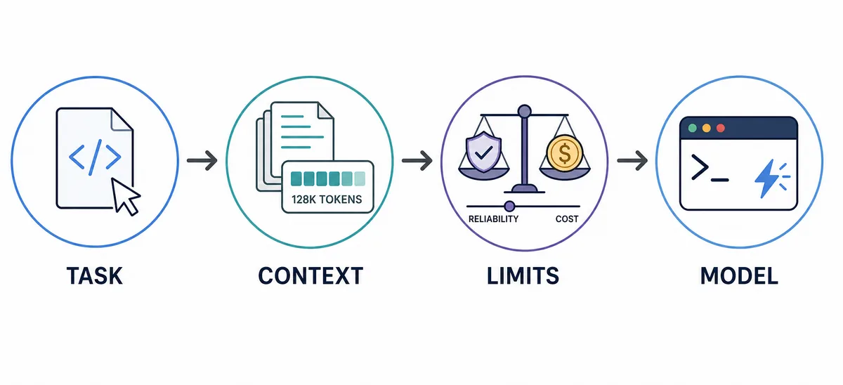 Four-step OpenCode model selection flow from task and context to constraints and model