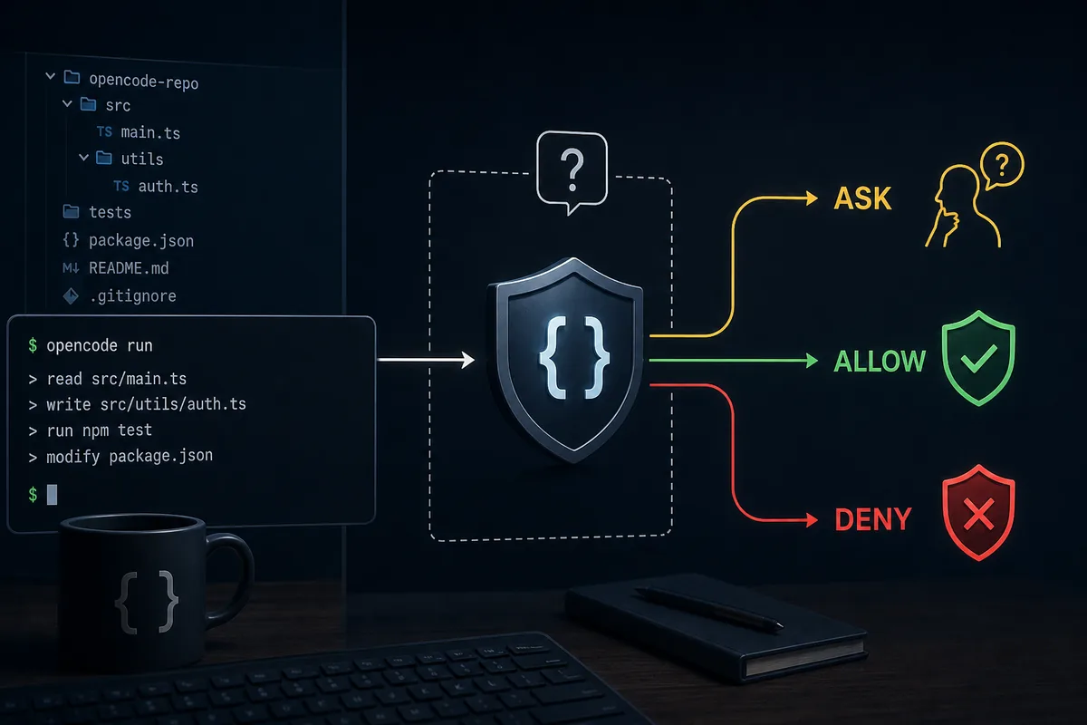 OpenCode permission gate with ask, allow, and deny paths around a repository and terminal