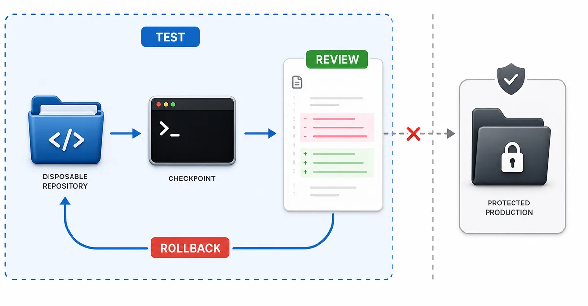 Disposable repository permission test with review and rollback before protected production