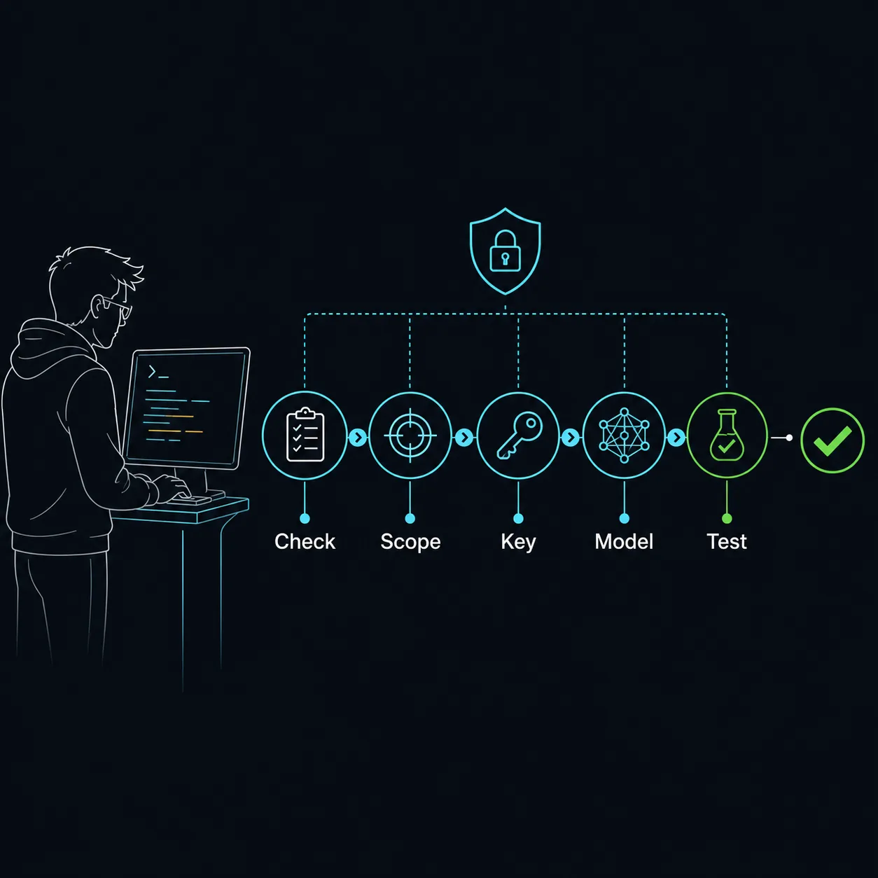 Five-step OpenCode provider verification flow for scope, credentials, model selection, and testing