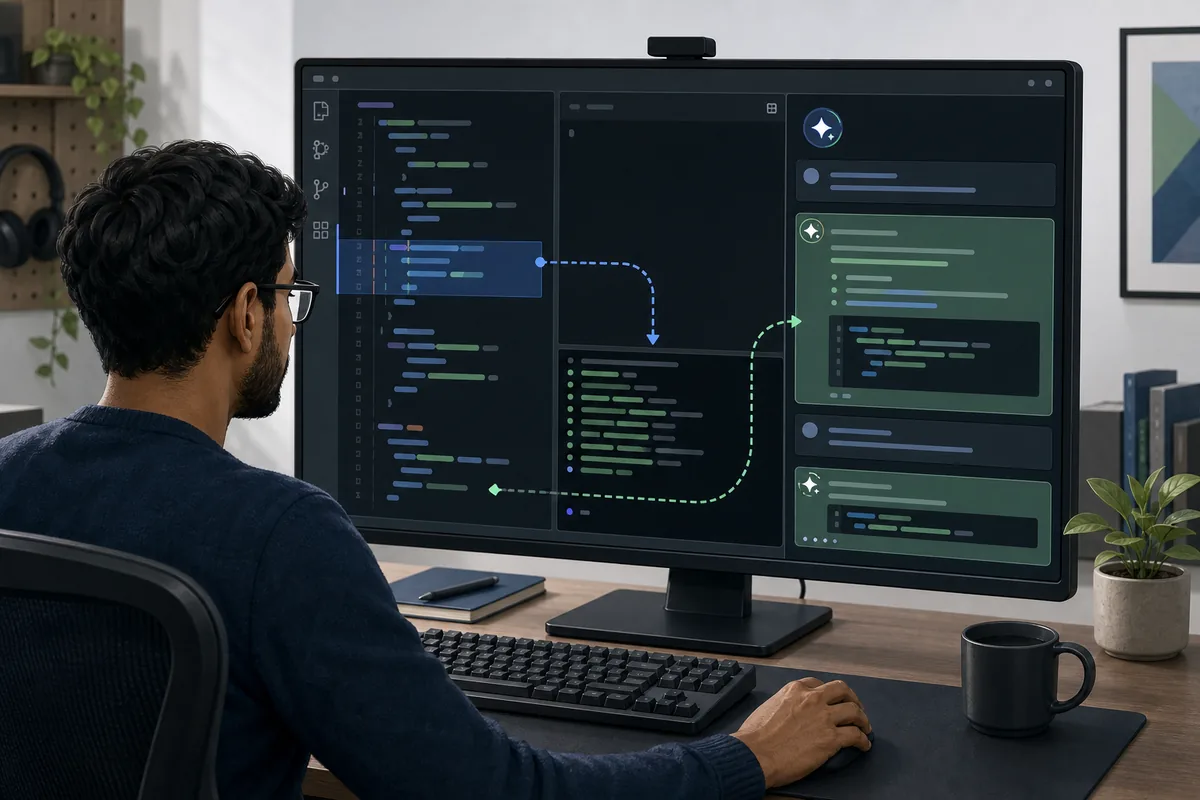 IDE内でコード、統合ターミナル、OpenCodeの流れを確認する開発者